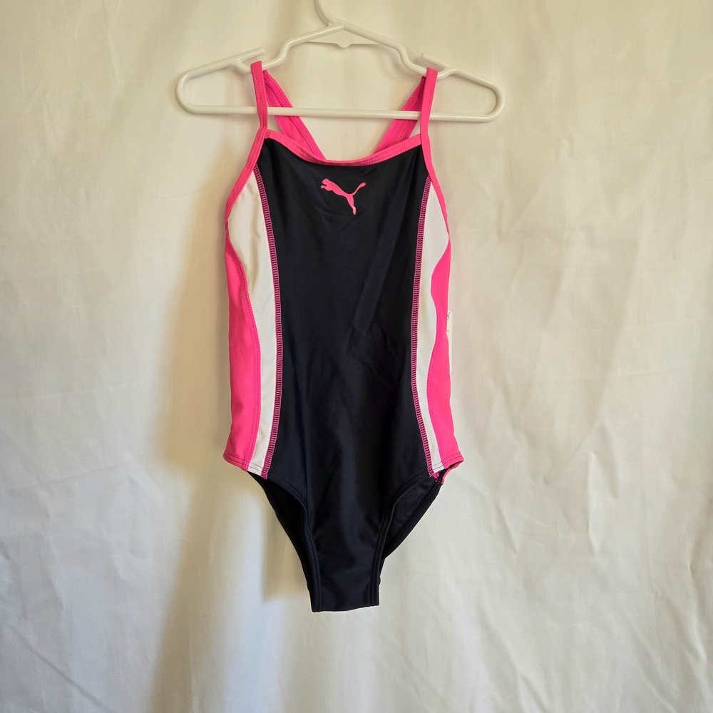 Puma Girls Neon Pink Navy Blue Colorblock Crossback One Piece Swimsuit 6 New‎